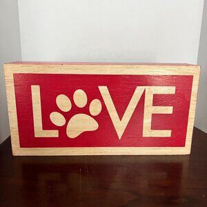 HOBBY LOBBY Dog Paw LOVE‎ Wooden Box Sign (Red & Natural Wood)